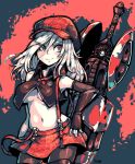 1girl alisa_ilinichina_amiella bleeding blood blood_on_face blue_eyes blush boots breasts cabbie_hat elbow_gloves fingerless_gloves gloves god_eater god_eater_burst hat holding_weapon huge_weapon long_hair looking_at_viewer navel open_mouth pantyhose silver_hair skirt solo suspenders sword thigh-highs thigh_boots under_boob weapon 