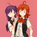  2girls ahoge arashi_(kantai_collection) brown_eyes glider_(artist) gloves hagikaze_(kantai_collection) kantai_collection long_hair multiple_girls open_mouth purple_hair redhead school_uniform side_ponytail smile vest 