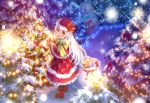  1girl blush boots capelet christmas christmas_tree dress gift hat highres long_hair maruyama-jp original red_eyes sack santa_hat scarf smile snow snowman solo white_hair 