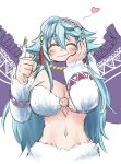  1girl animal_ears blue_hair blush breasts cleavage closed_eyes earrings eating fork fur heart jewelry large_breasts long_hair miti_(monster_musume) monster_girl monster_musume_no_iru_nichijou navel pointy_ears purple_scarf scarf schnee_1_fez simple_background sketch solo upper_body very_long_hair white_background yeti_(creature) 