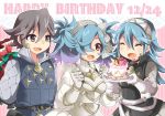 1boy 2girls bag birthday blue_hair brown_eyes brown_hair cupcake family father_and_daughter fire_emblem fire_emblem_if gradient_hair hair_over_one_eye husband_and_wife lazward_(fire_emblem_if) momosemocha mother_and_daughter multicolored_hair multiple_girls pieri_(fire_emblem_if) red_eyes soleil_(fire_emblem_if) twintails 