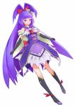  1girl black_boots black_gloves boots bow capelet cure_magical duke778 elbow_gloves frills full_body gloves hair_bow half_updo hat izayoi_liko knee_boots long_hair looking_at_viewer mahou_girls_precure! mini_hat pink_bow precure purple_hair red_bow skirt solo standing twintails violet_eyes white_background 
