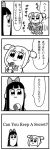  2girls 4koma :3 bkub bow comic hair_bow long_hair microphone monochrome multiple_girls pipimi poptepipic popuko school_uniform serafuku shield sidelocks simple_background sword translation_request two_side_up weapon 