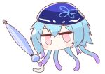  1boy arknights blue_hair blush chibi jellyfish male_focus mizuki_(arknights) naga_u_(style) pink_eyes ponyupdaddy short_hair simple_background tentacles umbrella white_background 