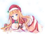  1girl alternate_costume bangs barefoot beatrice blonde_hair blue_eyes blunt_bangs blush box breasts character_doll chestnut_mouth christmas cleavage eyebrows eyebrows_visible_through_hair fur_trim gift gift_box hair_ornament hat jewelry large_breasts leg_ribbon legs_together long_hair long_sleeves looking_at_viewer lying mistletoe murasakigo on_side open-chest_sweater polka_dot pom_pom_(clothes) red_hat red_ribbon redhead ribbon ring santa_hat snowflakes solo sweater umineko_no_naku_koro_ni ushiromiya_battler very_long_hair 