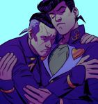  2boys anchor_symbol closed_eyes earrings facial_mark gakuran grey_hair heart higashikata_jousuke hug jewelry jojo_no_kimyou_na_bouken male_focus maren_marmulla multiple_boys nijimura_okuyasu pompadour purple_hair school_uniform wrist_cuffs 