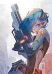 1girl blue_hair bodysuit deme gun highres science_fiction scouter smile solo weapon 