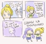  &gt;_&lt; 4koma ayase_eli blonde_hair blue_eyes bow chibi closed_eyes comic english hand_behind_head kirbym letter long_hair love_letter love_live!_school_idol_project low_twintails plaid plaid_skirt ponytail pun purple_hair skirt smile toujou_nozomi twintails very_long_hair wavy_mouth yuri |_| 