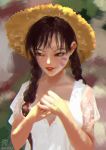  1girl 2016 absurdres artist_name black_eyes black_hair braid d.va_(overwatch) dated dress facepaint facial_mark hat highres lips millet_(d323323) overwatch own_hands_together solo straw_hat sun_hat twintails upper_body whisker_markings white_dress 