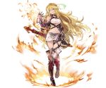  1girl belt blonde_hair boots fire granblue_fantasy long_hair midriff milla_maxwell minaba_hideo navel official_art red_eyes skirt smile solo sword tales_of_(series) tales_of_xillia transparent_background weapon 