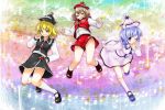  3girls :d ;o bending_forward blonde_hair blouse blown_kiss blue_eyes blue_hair blush breasts brown_eyes brown_hair clenched_hands crescent dress_shirt evil_grin evil_smile flat_chest grin hat hat_ornament hips jitome kneehighs legs lunasa_prismriver lyrica_prismriver mary_janes merlin_prismriver monrooru multiple_girls musical_note one_eye_closed open_mouth playing_with_own_hair sheet_music shirt shoes shorts siblings sisters skirt skirt_set small_breasts smile socks staff_(music) tareme touhou tsurime vest wavy_hair 