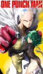  1boy 1girl absurdres ass bald black_dress cape copyright_name curly_hair dress gloves green_eyes green_hair hews_hack highres hug huge_filesize lens_flare looking_at_viewer no_panties onepunch_man punching red_gloves saitama_(onepunch_man) short_hair signature skin_tight sleeves_past_wrists tatsumaki yellow_eyes 