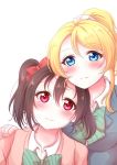  2girls ayase_eli black_hair blonde_hair blue_eyes blush bow frown hair_bow hand_on_another&#039;s_shoulder highres love_live!_school_idol_project multiple_girls pipette_(artist) ponytail portrait red_eyes school_uniform scrunchie smile twintails yazawa_nico yuri 