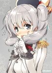  1girl commentary_request epaulettes flying_sweatdrops frilled_sleeves frills gloves grey_eyes hat holding_hair kantai_collection kashima_(kantai_collection) naitou_ryuu silver_hair solo twintails twitter_username uniform 