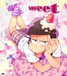  1boy artist_name black_hair chin_rest english food food_on_head fruit highres looking_at_viewer lying male_focus matsuno_ichimatsu messy_hair o2_(o2mm) object_on_head on_stomach osomatsu-kun osomatsu-san pants plaid plaid_pants shorts smile socks solo strawberry striped striped_legwear suspenders tongue tongue_out 