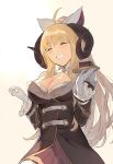 1girl anila_(granblue_fantasy) blonde_hair breasts cleavage closed_eyes duoyuanjun eyebrows gloves granblue_fantasy highres horns large_breasts long_hair sheep_horns smile solo thick_eyebrows 