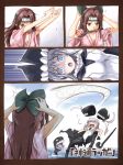  2girls :o black_gloves blue_eyes bodysuit breasts brown_eyes brown_hair cane cape cleavage clouds comic falling female forehead_protector gloves hachimaki hair_intakes hairband half_updo hands_on_own_head hat headband headgear holding japanese_clothes jintsuu_(kantai_collection) kantai_collection kimono long_hair long_sleeves mouth_hold multiple_girls ocean open_mouth rectangular_mouth remodel_(kantai_collection) ribbon shinkaisei-kan short_hair silver_hair sky sliced surprised teeth torpedo two_side_up ultra_series utsurogi_angu wo-class_aircraft_carrier yukata 