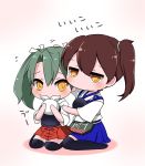  2girls artist_request black_legwear blue_skirt blush brown_eyes brown_hair commentary_request flying_sweatdrops grey_hair hair_ribbon hakama_skirt japanese_clothes kaga_(kantai_collection) kantai_collection multiple_girls muneate petting ponytail red_skirt ribbon short_hair short_sleeves side_ponytail skirt translated twintails white_ribbon zuikaku_(kantai_collection) 