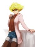  1girl alternate_costume bangs blonde_hair casual character_request contemporary cup drinking_straw female green_eyes jacket koyubi_(littlefinger1988) short_hair solo touhou 