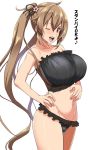  1girl bare_shoulders black_panties breasts collarbone frilled_panties frills from_side hair_ornament hair_ribbon hands_on_hips highres huge_breasts kantai_collection kloah large_breasts light_brown_hair long_hair looking_at_viewer midriff murasame_(kantai_collection) navel one_eye_closed panties red_eyes ribbon see-through sideboob simple_background solo twintails underwear 
