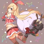  1girl adapted_costume anchor_hair_ornament blonde_hair bow christmas crop_top elbow_gloves gloves grey_eyes hair_bow hair_ornament hairband highleg highleg_panties highres kantai_collection long_hair miniskirt over_shoulder panties red_gloves red_skirt rensouhou-chan sack santa_costume shimakaze_(kantai_collection) skirt striped striped_legwear thigh-highs uchiage_cola underwear 