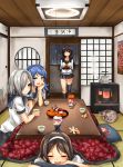  6+girls asymmetrical_legwear black_hair black_legwear blue_eyes blue_hair breasts brown_hair cat chibi chin_rest closed_eyes cup damage_control_crew_(kantai_collection) damage_control_goddess_(kantai_collection) double_bun fairy_(kantai_collection) food fruit green_tea hair_ornament hair_over_one_eye hair_ribbon hairband hairclip hamakaze_(kantai_collection) harino646 hat heater helmet_musume_(kantai_collection) indoors isokaze_(kantai_collection) kantai_collection kettle kneehighs kotatsu large_breasts lavender_hair long_hair long_sleeves looking_at_viewer lying maintenance_musume_(kantai_collection) mandarin_orange minigirl multiple_girls no_hat on_stomach open_mouth pink_hair pleated_skirt pot red_eyes redhead ribbon sailor_hat school_uniform seiza serafuku short_hair short_sleeves silver_hair single_kneehigh single_thighhigh sitting skirt sleeping smile steam table tanikaze_(kantai_collection) tatami tea teacup teapot thigh-highs tress_ribbon uniform urakaze_(kantai_collection) walking window |_| 