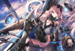  1girl breasts halberd long_hair mecha_musume original polearm silver_hair solo thigh-highs very_long_hair violet_eyes weapon yukisame 