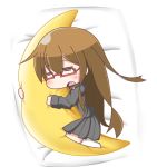  1girl bed_sheet brown_hair chibi crescent dakimakura_(object) feiton glasses kantai_collection long_hair lying mochizuki_(kantai_collection) object_hug open_mouth pillow pleated_skirt school_uniform serafuku skirt sleeping solo 