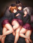  3girls bare_legs barefoot beret blue_eyes blush brown_eyes brown_hair genso girls_und_panzer hand_on_another&#039;s_chin hand_on_another&#039;s_head hat highres itsumi_erika long_hair lying multiple_girls nishizumi_maho nishizumi_miho one_eye_closed pillow short_hair siblings silver_hair sisters skirt uniform 