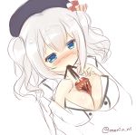  1girl beret between_breasts blue_eyes blush bow breasts buttons character_request creative_commons eating food hair_between_eyes hands_on_own_chest hat hat_bow highres kashima_(kantai_collection) large_breasts mony nose_blush package pocky short_hair sidelocks simple_background sketch solo twintails upper_body watery_eyes white_background white_hair 