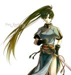  1girl copyright_name delsaber fire_emblem fire_emblem:_rekka_no_ken green_eyes green_hair hair_ornament long_hair looking_at_viewer lyndis_(fire_emblem) ponytail simple_background solo sword very_long_hair weapon white_background 