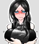  1girl al_bhed_eyes black_hair blue_eyes blush breast_conscious breast_hold breasts facing_viewer full-face_blush grey_background hands huge_breasts kantai_collection long_hair outline ru-class_battleship shinkaisei-kan sidelocks simple_background solo sukueni tearing_up upper_body 