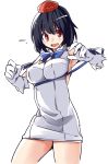  1girl armpits bare_arms black_hair bow breasts d: dress dungeon_ni_deai_wo_motomeru_no_wa_machigatteiru_darou_ka gloves hat hestia_(danmachi) hestia_(danmachi)_(cosplay) kamukamu_(ars) large_breasts open_mouth red_eyes rei_no_himo shameimaru_aya short_hair solo sweatdrop thighs tokin_hat touhou white_gloves 