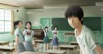  1boy 4girls bangs black_hair bob_cut bow brown_eyes classroom desk friends furude_rika higurashi_no_naku_koro_ni houjou_satoko live_action long_skirt looking_at_viewer maebara_keiichi multiple_girls necktie pleated_skirt ponytail realistic ryuuguu_rena school school_desk school_uniform shirt skirt smile sonozaki_mion suspenders twintails ukichirou white_shirt 