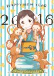  1girl 2016 banana brown_eyes brown_hair commentary_request cushion eating flower food food_on_face fruit hair_flower hair_ornament happy_new_year highres japanese_clothes kana_(okitasougo222) kimono monkey monkey_ears new_year obi original sash seiza short_hair sitting smile solo vertical-striped_background vertical_stripes 