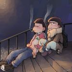  2boys backpack bag beer_can brothers cigarette closed_eyes ecoma_(lvsa) fingerless_gloves gloves half-closed_eyes hand_in_pocket hands_together indian_style letterman_jacket male_focus matsuno_osomatsu matsuno_todomatsu multiple_boys night osomatsu-kun osomatsu-san scarf shoes siblings sitting smile smoking sneakers stairs twitter_username winter_clothes 