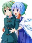  2girls alternate_hairstyle blue_dress blue_eyes blue_hair bow cirno daiyousei dress fairy_wings green_eyes green_hair hair_bow highres hooded_jacket hug hug_from_behind ice ice_wings jacket long_sleeves mittens multiple_girls open_mouth pokio ponytail puffy_short_sleeves puffy_sleeves shirt short_sleeves smile touhou wings winter_clothes 