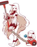  2girls ahoge blush_stickers chibi detached_sleeves dress duster holding horn horns kantai_collection kobone long_hair mittens multiple_girls northern_ocean_hime red_eyes riding seaport_hime shinkaisei-kan vacuum_cleaner very_long_hair walking white_dress white_hair white_skin |_| 