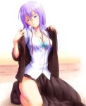  1girl blue_eyes bonnie_(rsg) breasts cardfight!!_vanguard cleavage long_hair open_clothes open_shirt purple_hair shirt solo white_shirt 