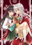  1girl 2boys amayu_(oxo0101) animal_ears black_hair bow brown_eyes brown_hair carrying closed_eyes dog_ears fox_tail hair_bow higurashi_kagome hug inuyasha inuyasha_(character) japanese_clothes kneehighs multiple_boys open_mouth ponytail princess_carry school_uniform serafuku shippou_(inuyasha) smile tail white_hair white_legwear yellow_eyes 