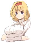  1girl :/ alice_margatroid blonde_hair blue_eyes blush breast_hold breasts hairband kamukamu_(ars) large_breasts looking_at_viewer ribbed_sweater sagging_breasts short_hair shy solo sweater touhou turtleneck 
