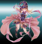  1girl bare_shoulders blonde_hair boots breasts covered_nipples detached_sleeves duel_monster gagaga_girl gradient gradient_background hat highres large_breasts long_hair looking_at_viewer open_mouth red_eyes solo wizard_hat yuu-gi-ou yuu-gi-ou_zexal 
