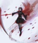  1girl ae-rie brown_hair cape highres pantyhose petals rose_petals ruby_rose rwby scythe short_hair solo 