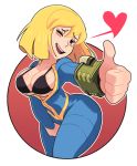  1girl between_legs blonde_hair blush breasts gashi-gashi hand_between_legs heart large_breasts one_eye_closed pip_boy thumbs_up unzipped vault_girl 