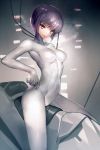  1girl absurdres arched_back bangs blurry bodysuit breasts cable closed_mouth ghost_in_the_shell gloves highres hitowa kusanagi_motoko lips looking_at_viewer purple_hair ribs riding short_hair smile solo 