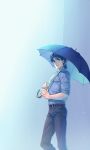  1boy blue_eyes blue_hair collared_shirt hikaru_(asteriskring) jojo_no_kimyou_na_bouken jonathan_joestar light male_focus muscle rain shirt solo umbrella 