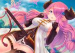  1girl asymmetric_gloves belt black_gloves blue_eyes blush braid breasts butterfly chestnut_mouth clouds cowboy_shot demon_horns dress elbow_gloves fingerless_gloves gloves granblue_fantasy hair_ornament hair_over_one_eye horns large_breasts long_hair looking_at_viewer narumeia_(granblue_fantasy) outdoors pink_hair pointy_ears sheath sheathed short_dress sideboob single_braid single_thighhigh sky sleeveless solo sword tassel thigh-highs thigh_strap tree very_long_hair weapon yamada_(sakuma_drops) 