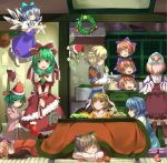  6+girls :d animal_ears bell blonde_hair blue_hair bow brown_hair cake cat_ears chen cirno closed_eyes daiyousei disembodied_head dress earrings food frilled_ribbon green_eyes green_hair hair_bow hair_ribbon hat jewelry kagiyama_hina kasodani_kyouko kneeling kotatsu mizuhashi_parsee mob_cap multiple_girls mystia_lorelei open_mouth peeking_out pink_hair piyodesu purple_bow red_eyes red_ribbon ribbon ringo_(touhou) santa_hat seiran_(touhou) sekibanki short_hair sleeping smile socks table tatara_kogasa touhou white_legwear white_ribbon wings wreath yarn 