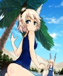  2girls :&gt; animal_ears berkut blonde_hair blue_eyes desert hanna-justina_marseille head_wings highres long_hair multiple_girls musical_note oasis palm_tree raisa_pottgen school_swimsuit short_hair signature splashing spoken_musical_note strike_witches swimsuit tail tree water 