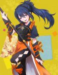  1girl bell blue_hair brown_eyes fire_emblem fire_emblem_if long_hair naginata oboro_(fire_emblem_if) open_mouth pamm polearm ponytail solo weapon 